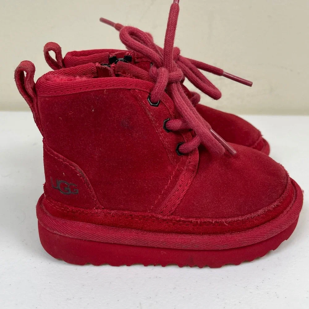 UGG Neumel II Chukka Boot Kids Toddler 6 Red Suede Lace Up Side Zip Boots Sherpa